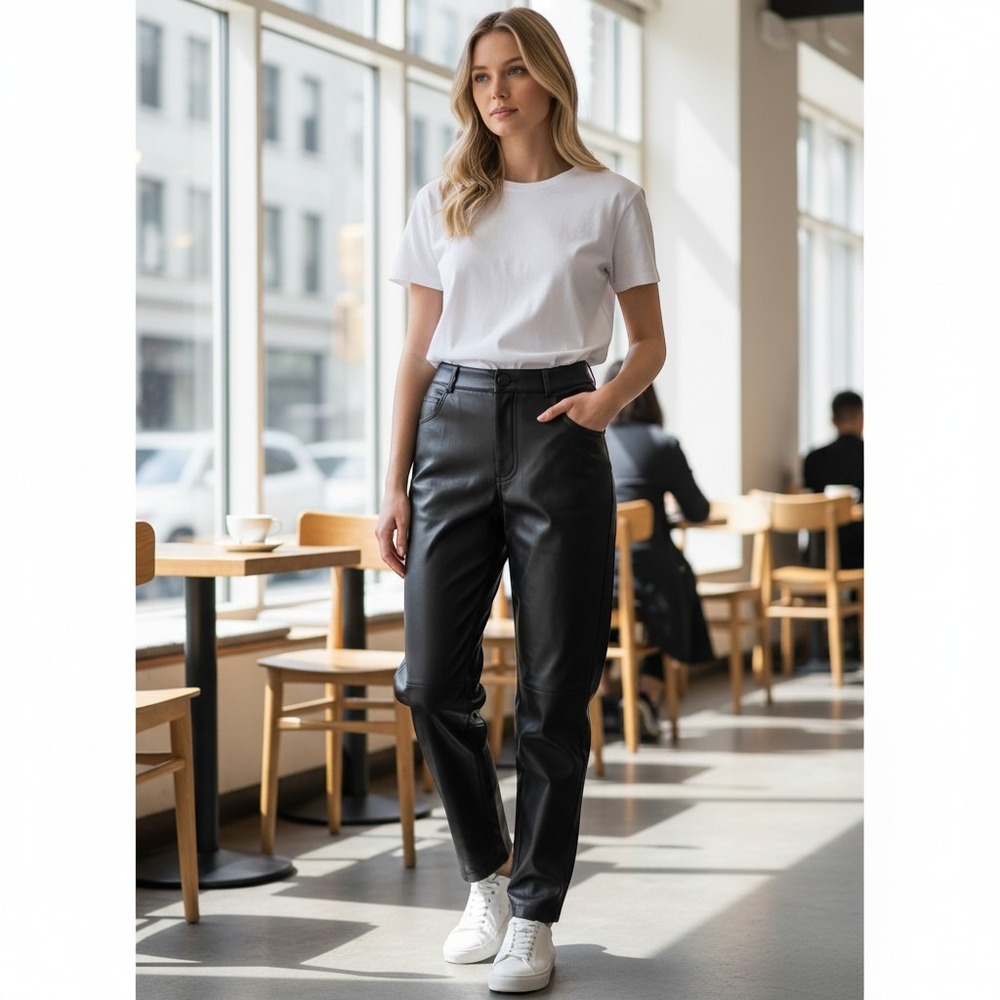12th Tribe Black Faux Vegan Leather High Waisted Straight Leg Pants IM6322 Small